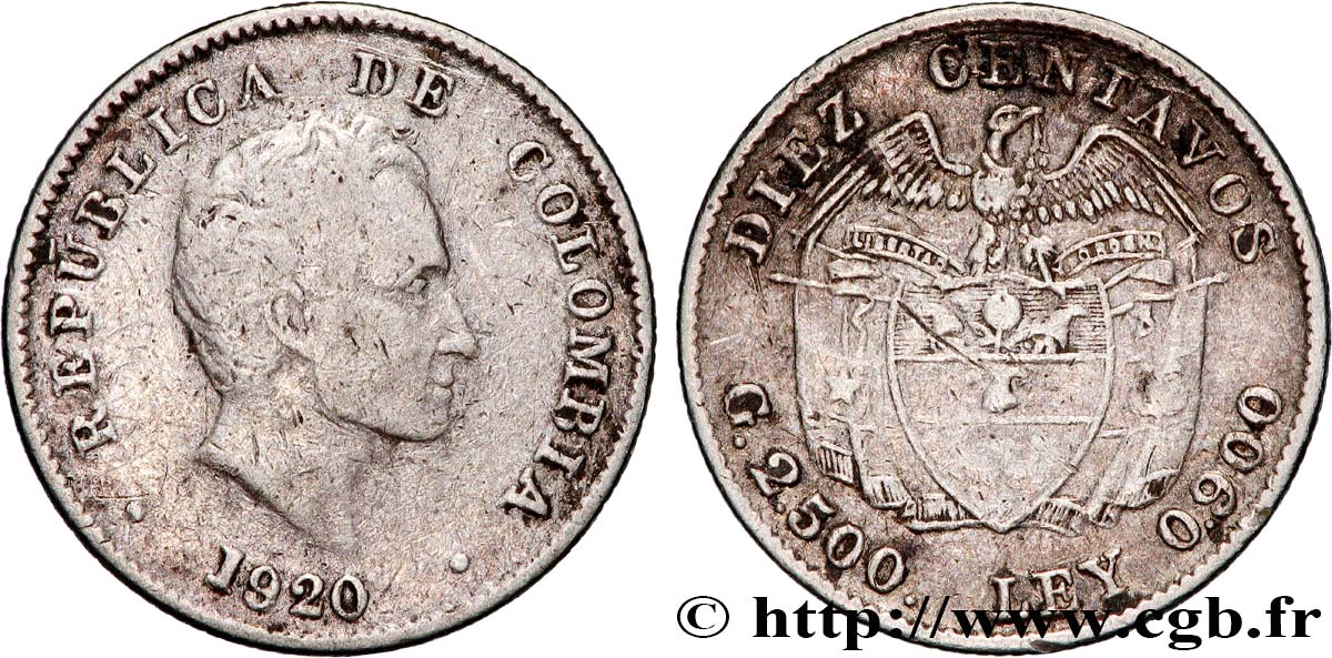 COLOMBIA 10 Centavos Simon Bolivar 1920 Birmingham VF 