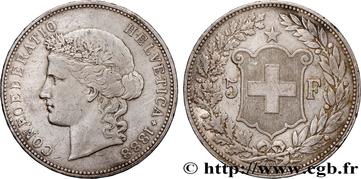 SCHWEIZ 5 Francs Helvetia buste 1888 Berne fVZ 