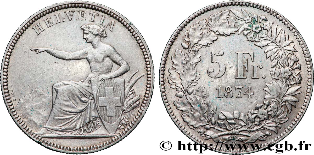 SWITZERLAND 5 Francs Helvetia assise 1874 Bruxelles XF 