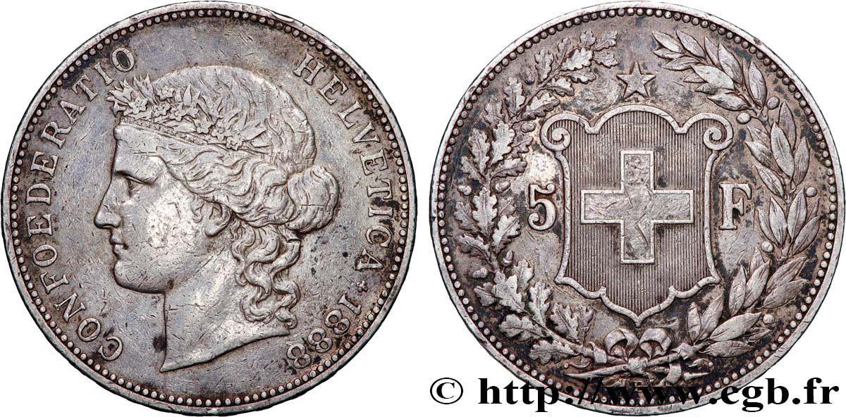 SWITZERLAND 5 Francs Helvetia buste 1888 Berne XF 