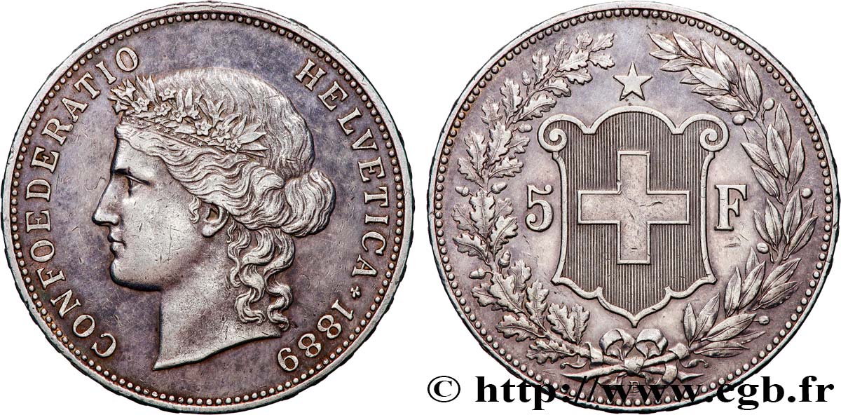 SWITZERLAND 5 Francs Helvetia 1889 Berne AU 