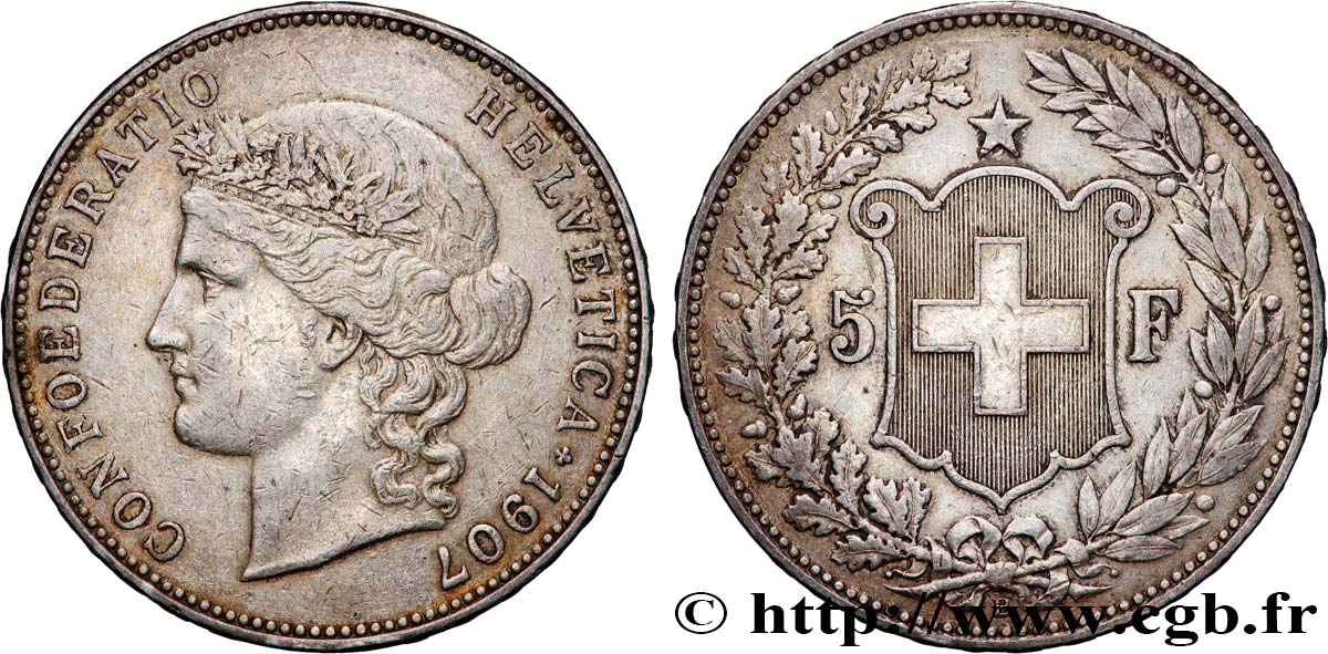 SUIZA 5 Francs Helvetia 1907 Berne MBC 
