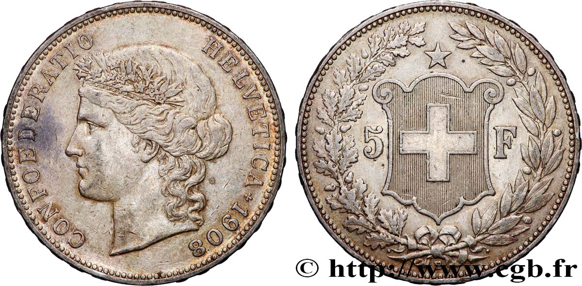 SWITZERLAND 5 Francs Helvetia 1908 Berne XF 