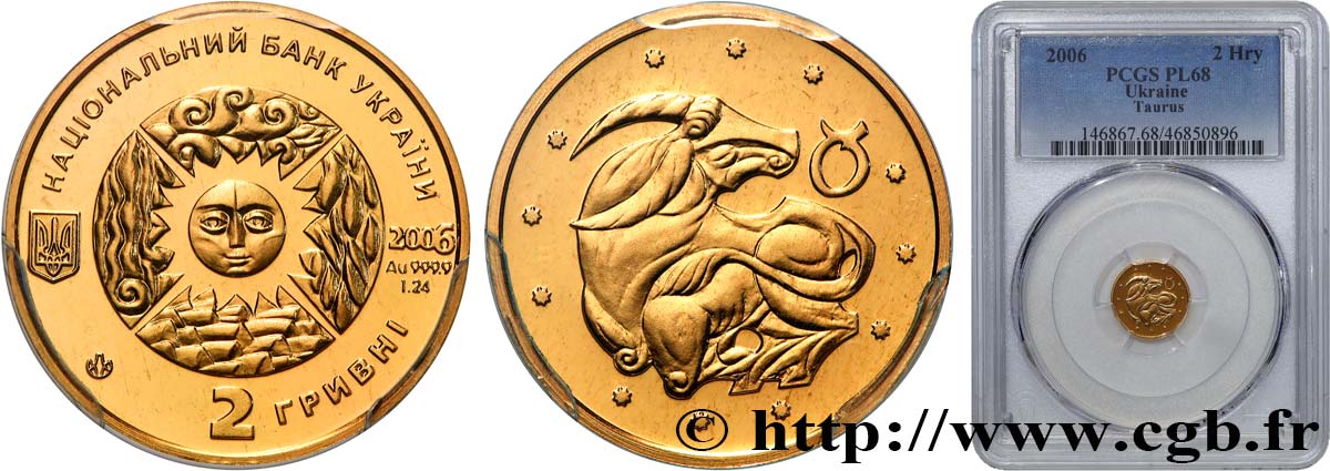 UKRAINE 2 Hryvni Signes du zodiaque - Taureau 2006  MS68 PCGS