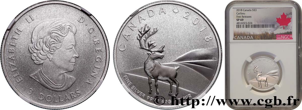 CANADá
 3 Dollars Proof Caribou 2018  FDC69 NGC