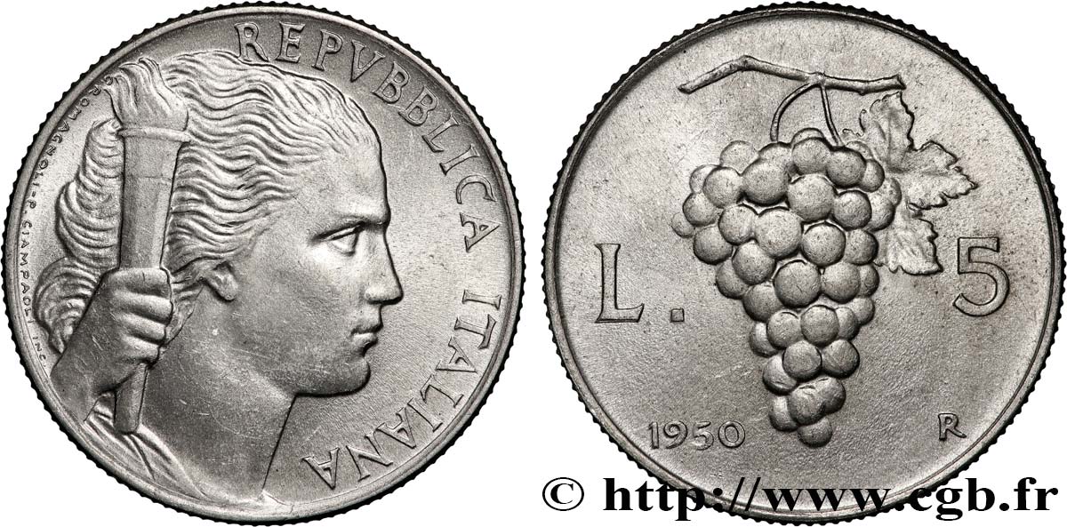 ITALIE 5 Lire “Liberté” à la torche 1950 Rome - R SUP