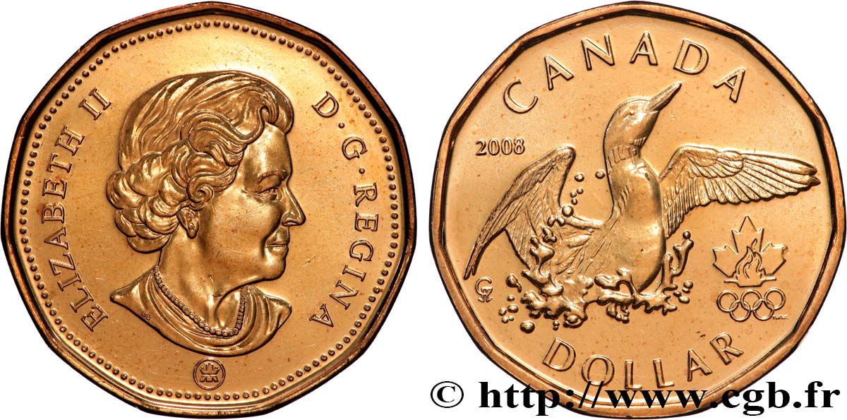 KANADA 1 Dollar Lucky Loonie : Elisabeth II /Plongeon huard et logo des jeux olympique de Vancouver (2010). 2008  fST 