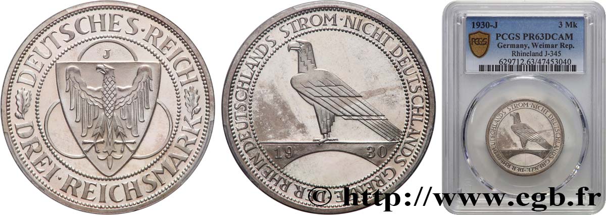 GERMANIA 3 Reichsmark Libération de la Rhénanie 1930 Hambourg MS63 PCGS