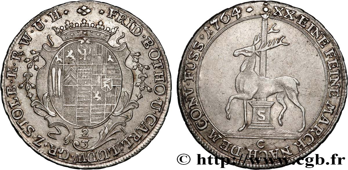 GERMANIA - STOLBERG 2/3 Thaler Frédéric-Botho et Charles-Louis 1764  q.SPL 