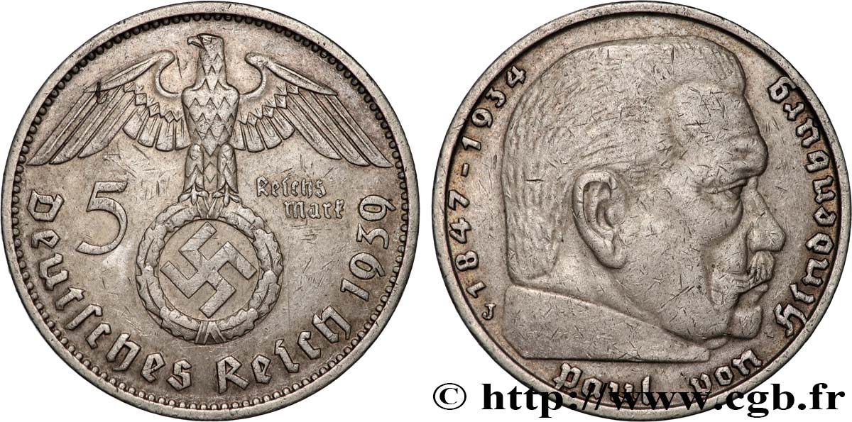 ALLEMAGNE 5 Reichsmark aigle surmontant une swastika / Maréchal Paul von Hindenburg 1939 Hambourg TTB+