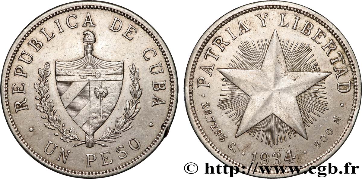 CUBA 1 Peso 1934  TTB+ 
