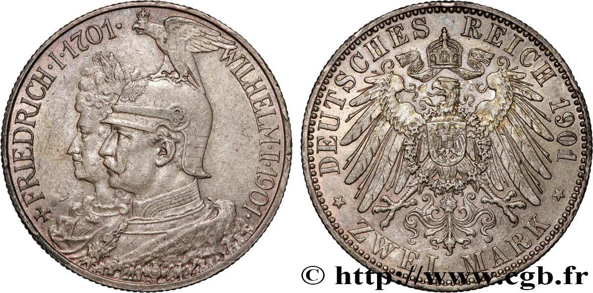 ALEMANIA - PRUSIA 2 Mark Guillaume II 200e anniversaire de la Prusse 1901 Berlin MBC+ 