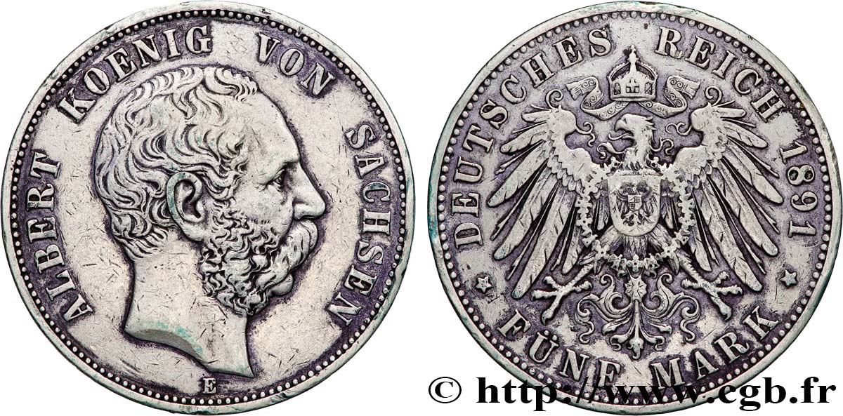 GERMANY - KINDGOM OF SAXONY - ALBERT 5 Mark  1891 Muldenhütten - E XF 