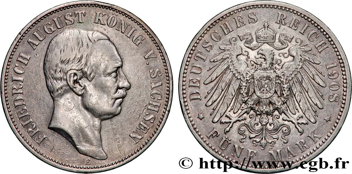 GERMANY - KINGDOM OF SAXONY - FREDERICK-AUGUSTUS III 5 Mark  1908 Muldenhütten AU 