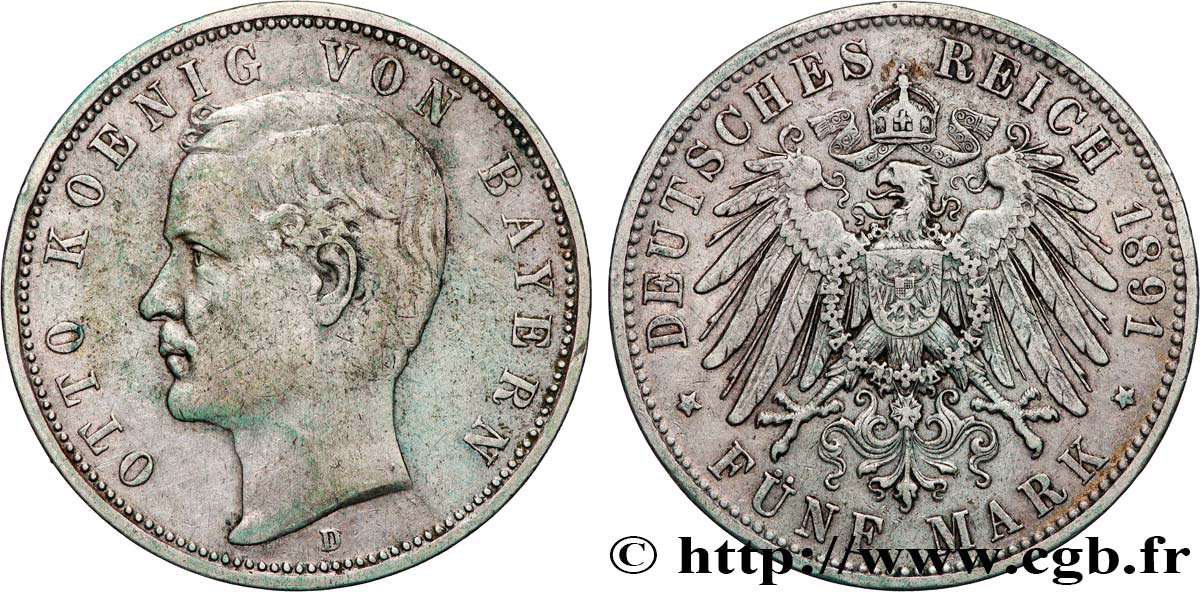 GERMANY - KINGDOM OF BAVARIA - OTTO 5 Mark  1891 Munich XF 