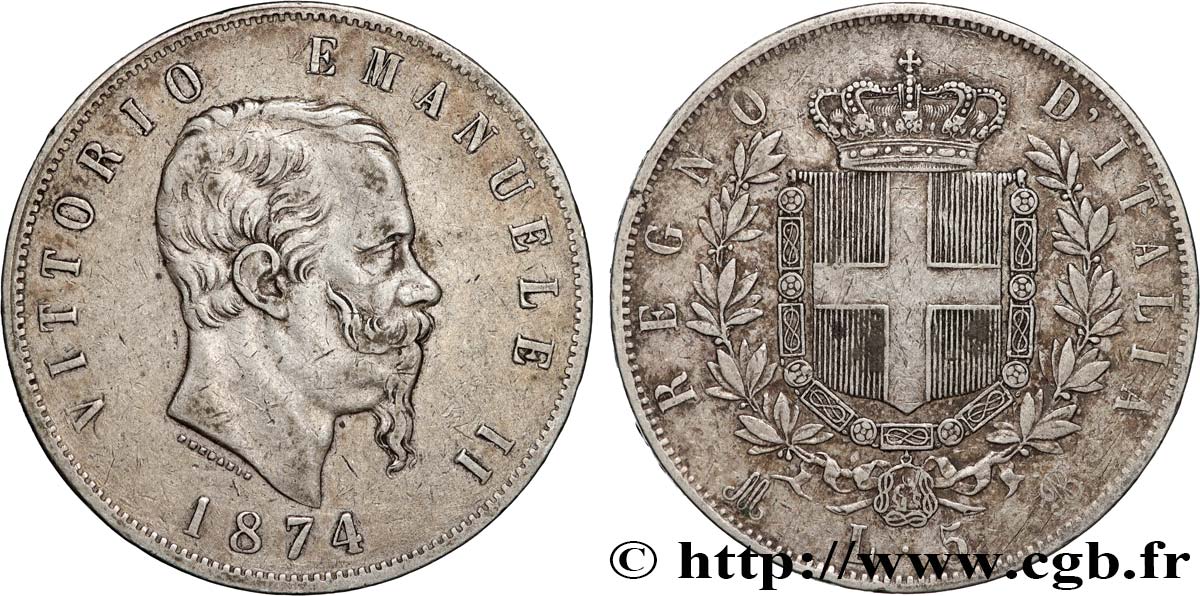 ITALIE 5 Lire Victor Emmanuel II 1874 Milan TTB