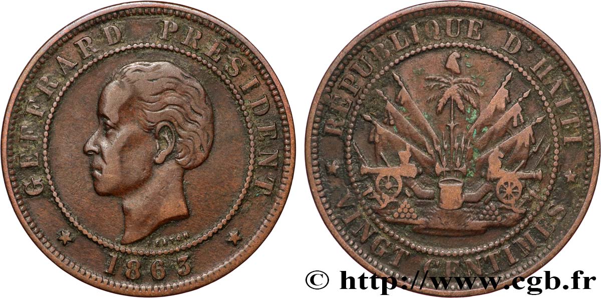 HAÏTI 20 Centimes président Geffrard 1863 Heaton TTB