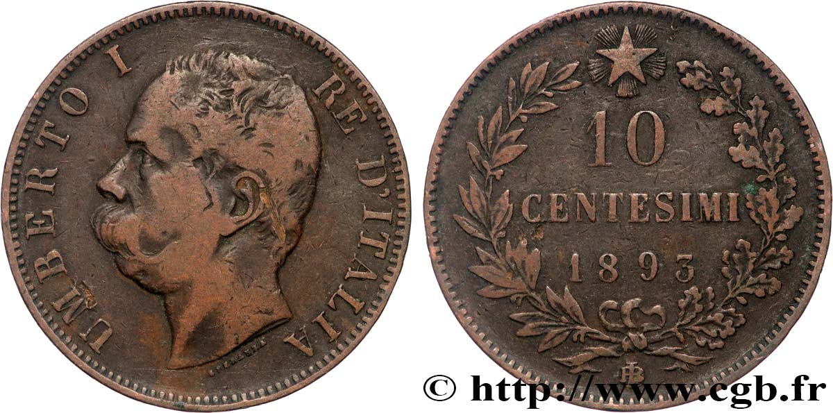 ITALIE 10 Centesimi Humbert Ier 1893 Birmingham TB+