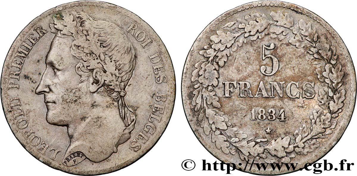 BELGIUM - KINGDOM OF BELGIUM - LEOPOLD I 5 Francs Léopold Ier, tête laurée 1834 Bruxelles VF 