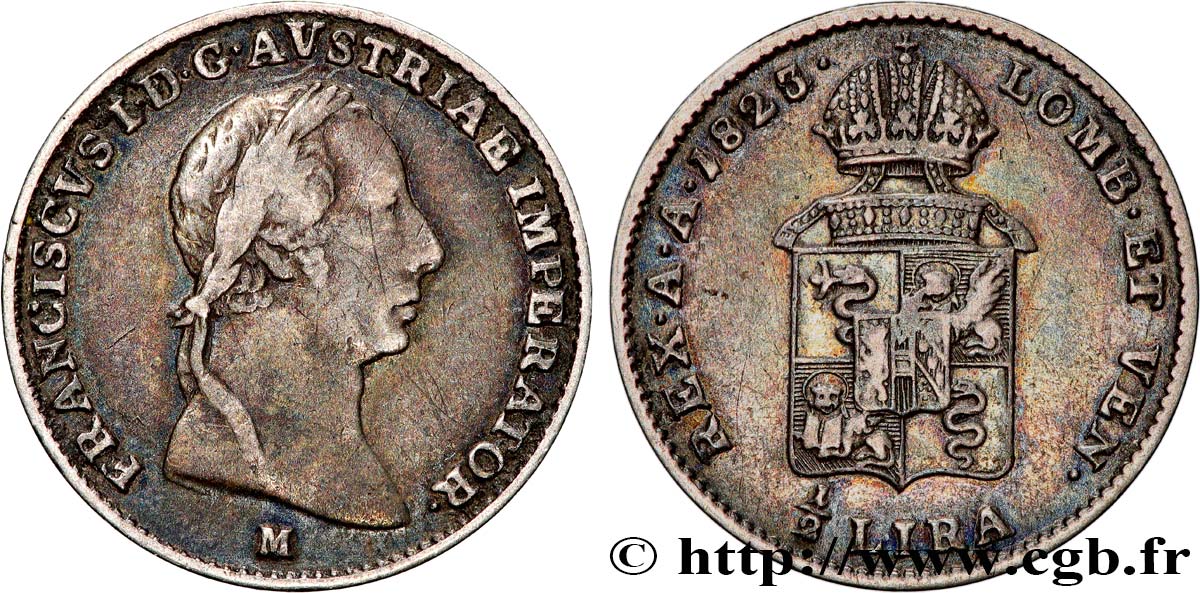 ITALY - LOMBARDY-VENETIA 1/2 Lira Royaume Lombardo-Vénitien François Ier d’Autriche 1823 Milan  VF 
