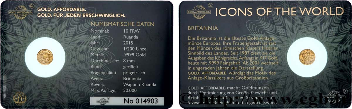 RUANDA 10 Francs Britannia 2015  FDC 