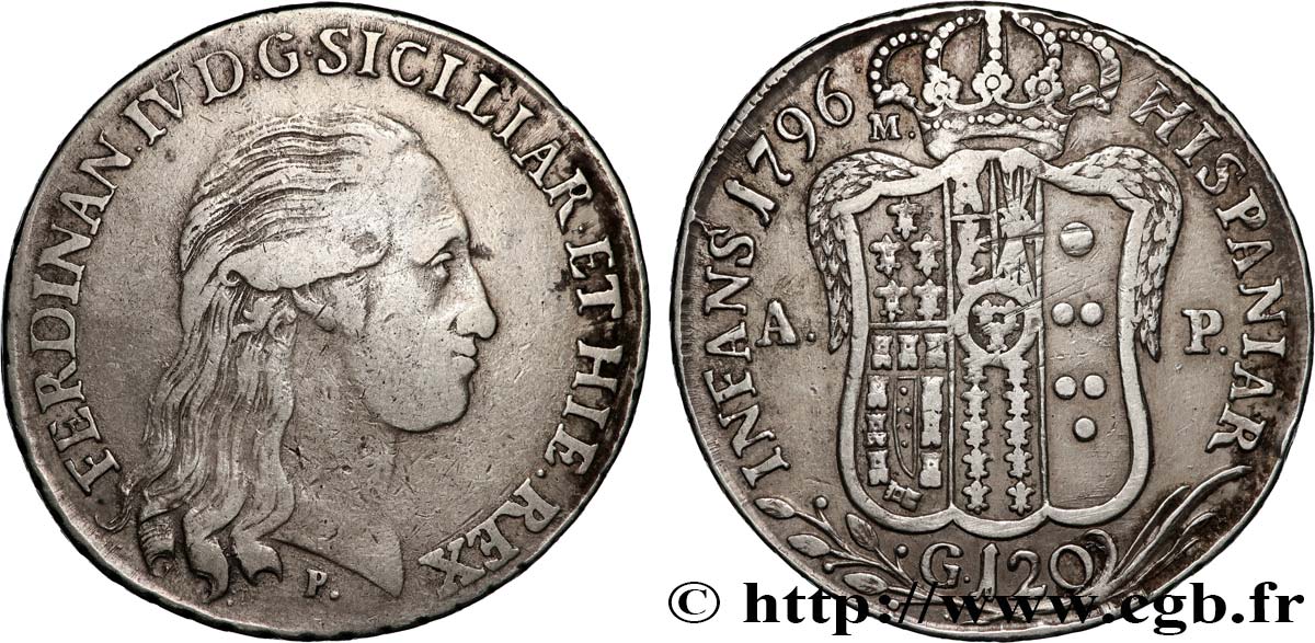ITALY - KINGDOM OF NAPLES - FERDINAND IV 120 Grana  1796  XF 