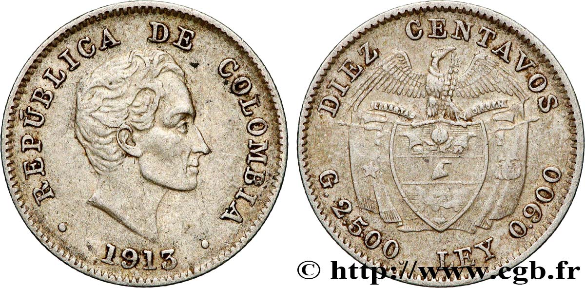 COLOMBIA 10 Centavos Simon Bolivar 1913 Birmingham XF 