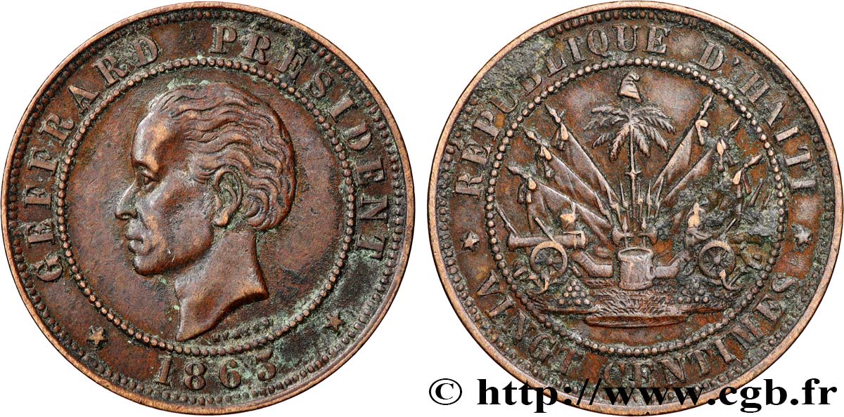 HAÏTI 20 Centimes président Geffrard 1863 Heaton TTB