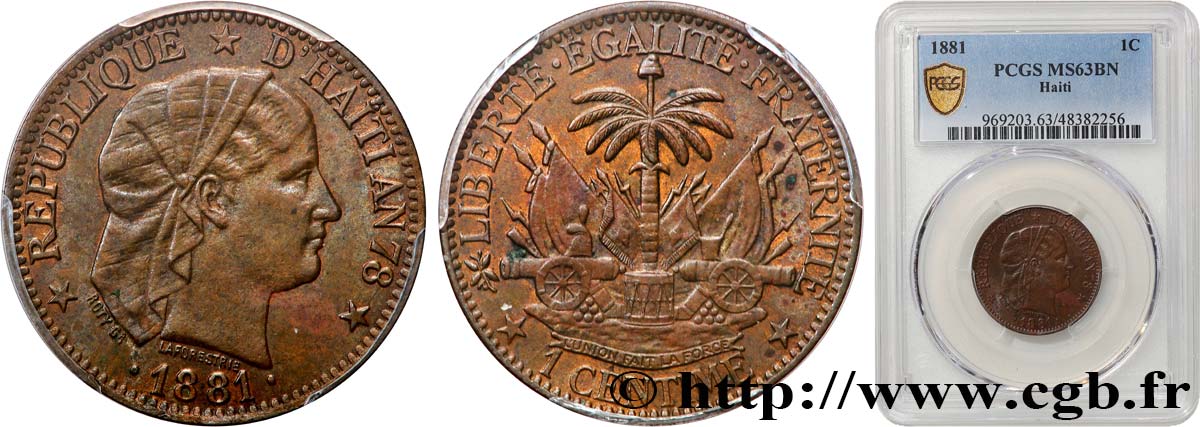 HAITI 1 Centime an 78 1881 Paris SC63 PCGS