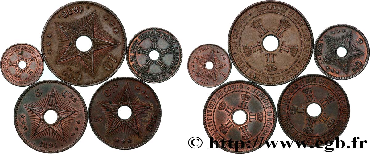 CONGO FREE STATE Lot de 5 pièces 1888-1894  AU/AU 