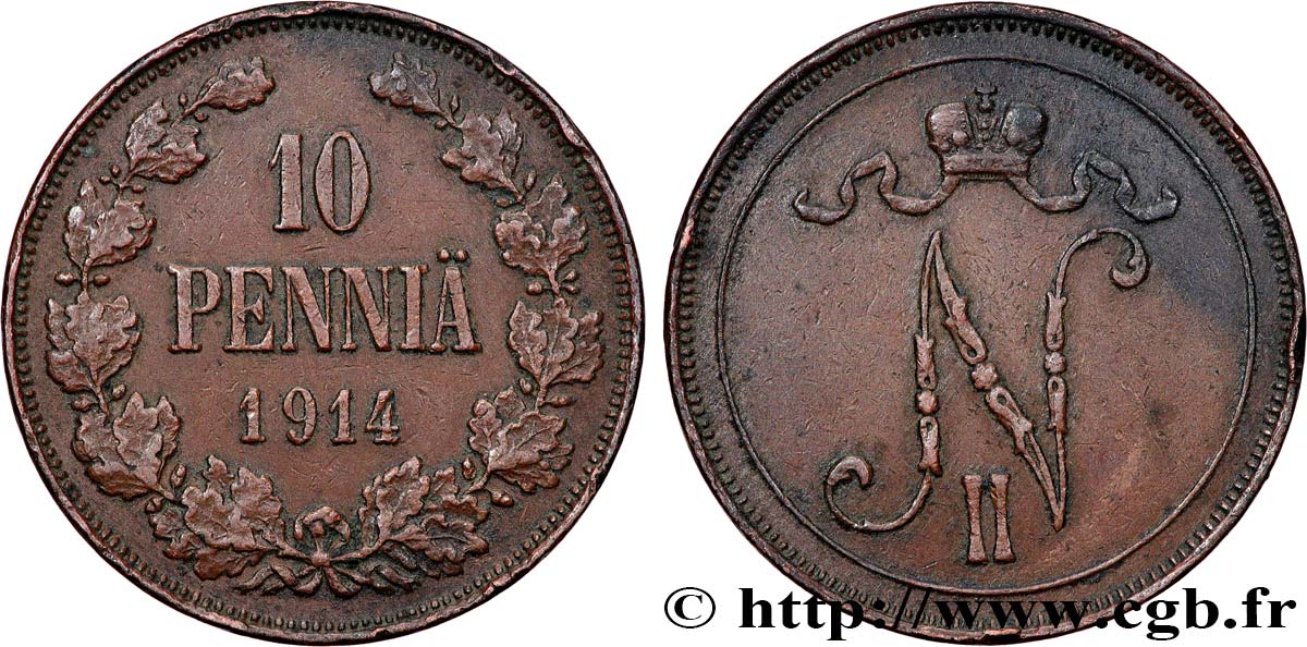 FINLANDE 10 Pennia monogramme Tsar Nicolas II 1914 Helsinki TTB 