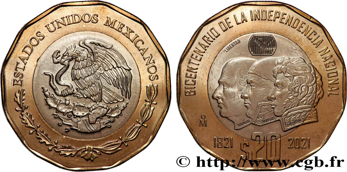 MESSICO 20 Pesos Bicentenaire de l’indépendance du Mexique 2021 Mexico MS 