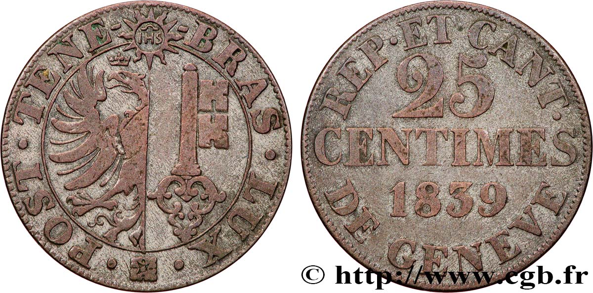 SUISSE - RÉPUBLIQUE DE GENÈVE 25 Centimes 1839 TTB