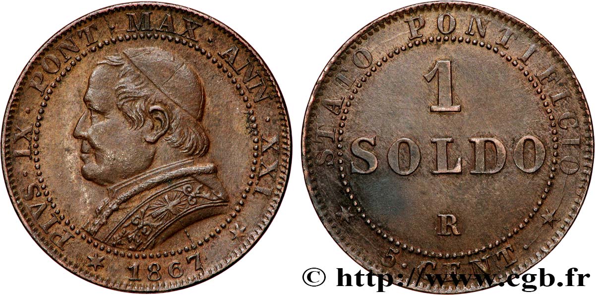 VATICAN ET ÉTATS PONTIFICAUX 1 Soldo an XXI buste large 1867 Rome TTB