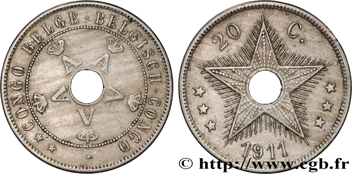BELGISCH-KONGO 20 Centimes monogramme A (Albert) couronné 1911  fVZ 