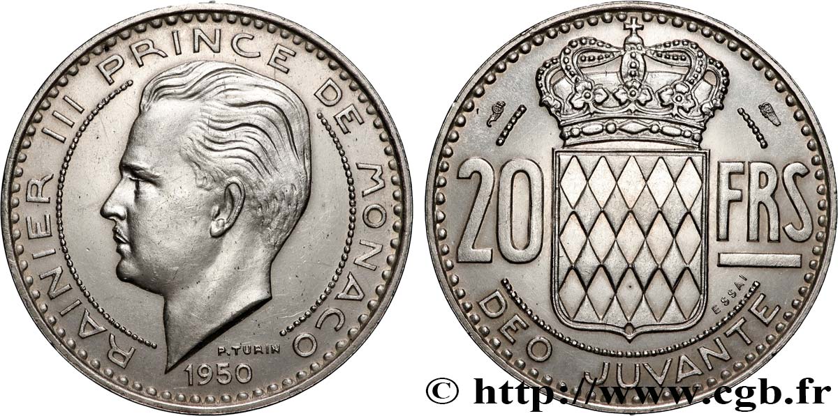 MONACO - FÜRSTENTUM MONACO - RAINIER III. Essai de 20 Francs argent 1950 Paris VZ 