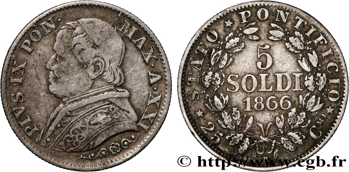 ITALY - PAPAL STATES - PIUS IX (Giovanni Maria Mastai Ferretti) 5 Soldi an XXI 1866 Rome XF 