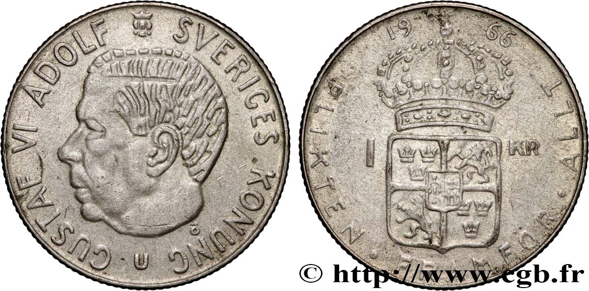 SUÈDE 1 Krona Gustave VI 1966  TTB 