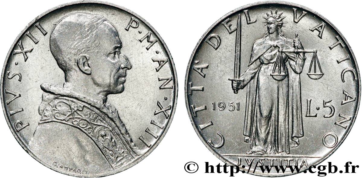 VATICAN AND PAPAL STATES 5 Lire Pie XII an XIV / la ‘Justice’ 1952 Rome - R MS