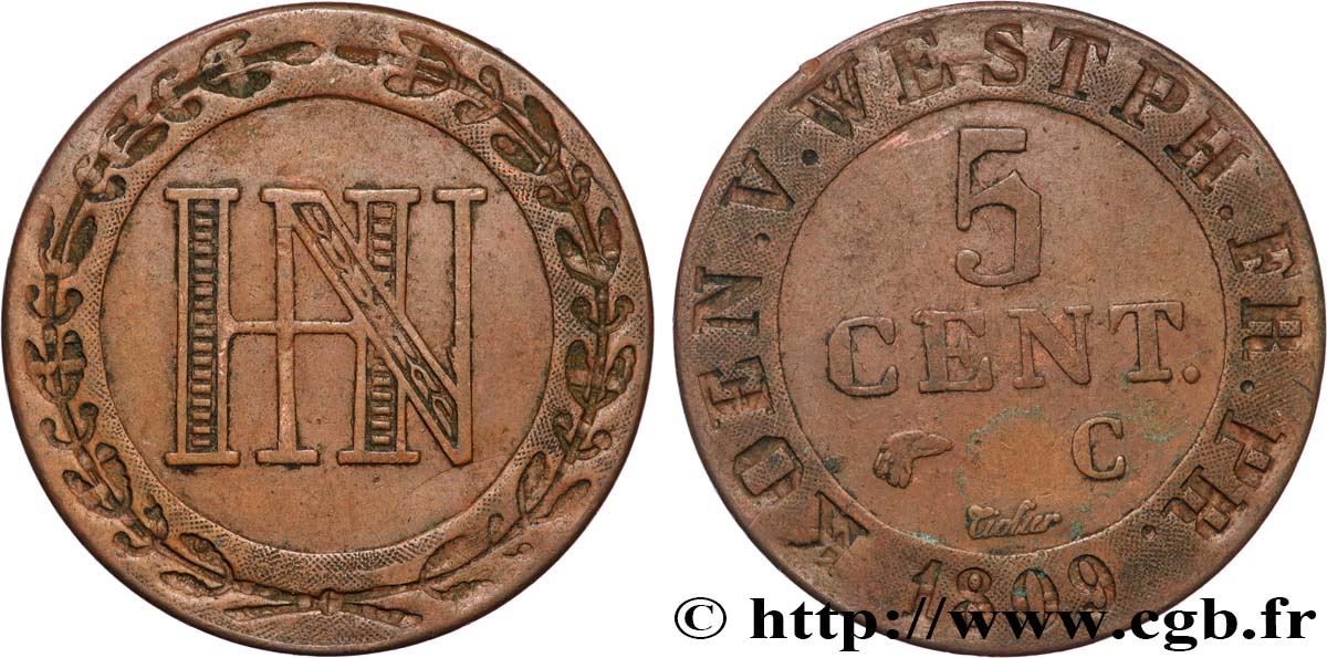 GERMANY - KINGDOM OF WESTPHALIA 5 Centimes monogramme de Jérôme Napoléon 1809 Cassel XF 