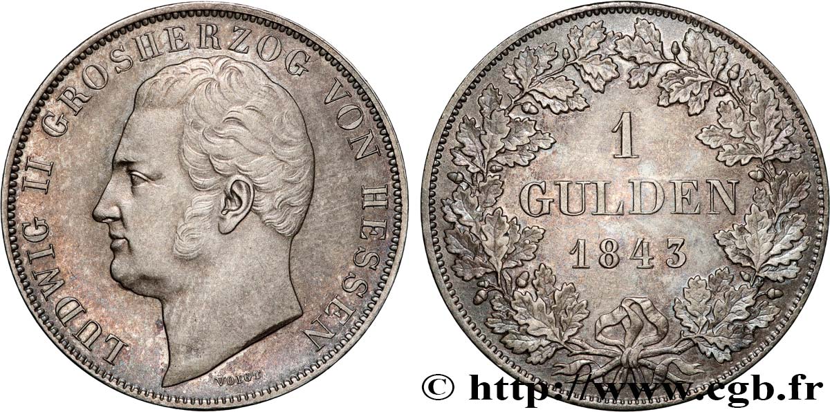 ALLEMAGNE - GRAND-DUCHÉ DE HESSE - LOUIS II 1 Gulden  1843  SUP 