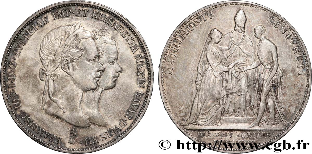 AUTRICHE 2 Gulden (Florin) mariage de François-Joseph et Élisabeth 1854 Vienne TTB+ 