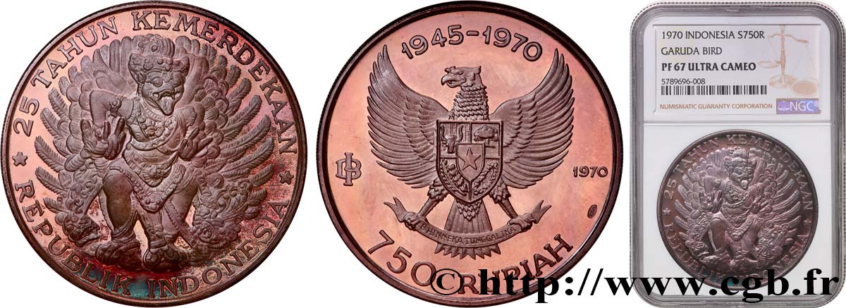 INDONÉSIE 750 Rupiah Proof 25e anniversaire de l’indépendance 1970  FDC67 NGC