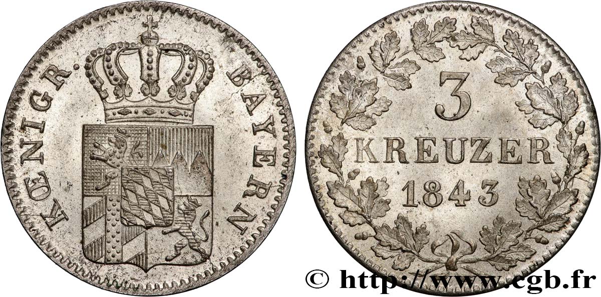 ALEMANIA - BAVIERA 3 Kreuzer Louis Ier de Bavière 1843 Munich EBC 
