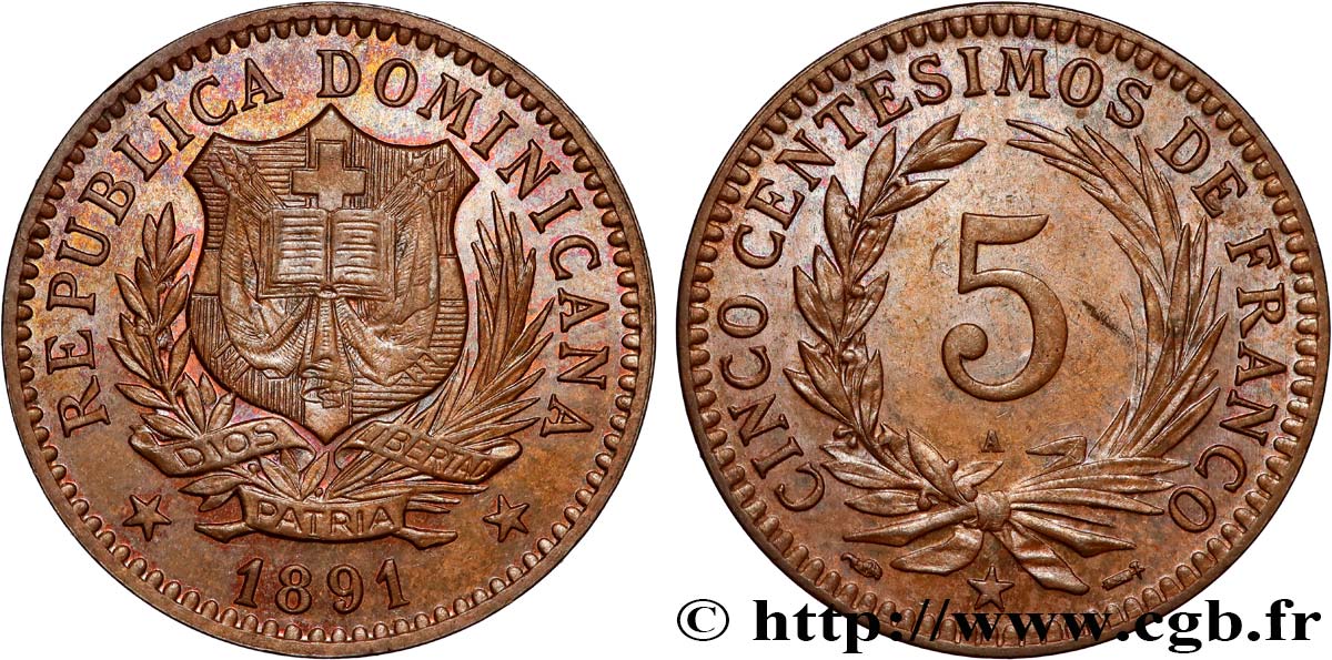 REPUBBLICA DOMINICA 5 Centesimos Proof 1891 Paris MS/SPL 
