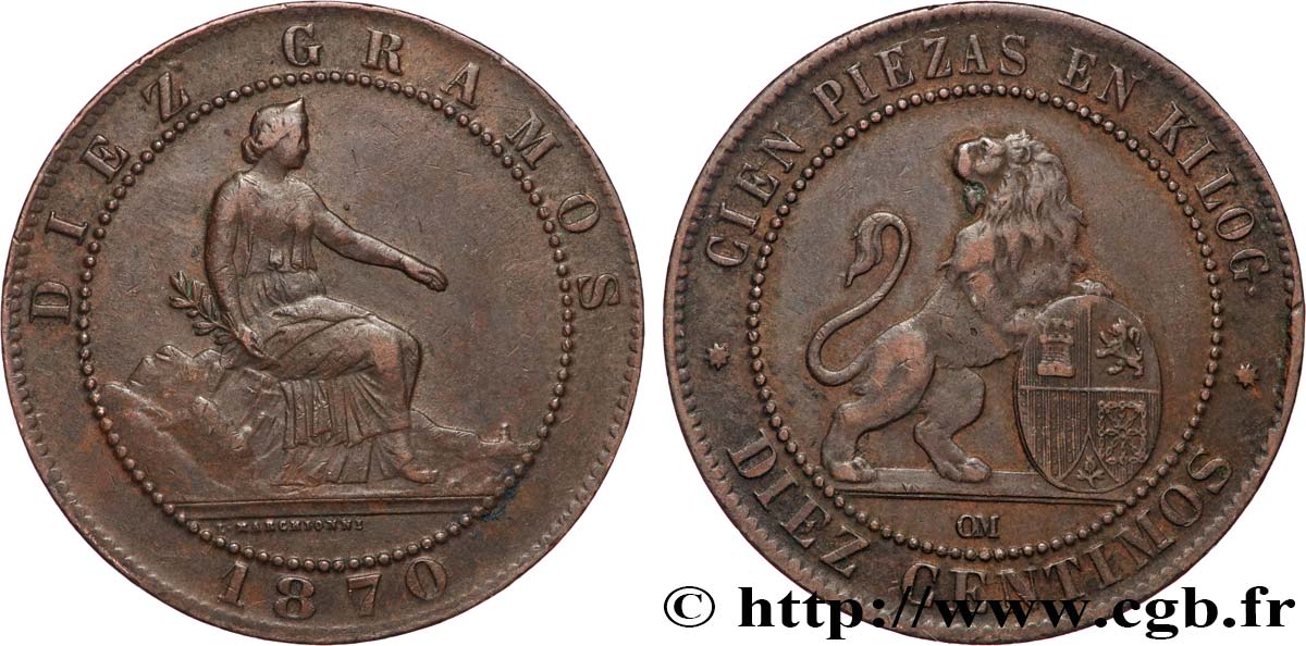 SPAIN 10 Centimos monnayage provisoire “ESPAÑA” assise / lion au bouclier 1870 Oeschger Mesdach & CO XF