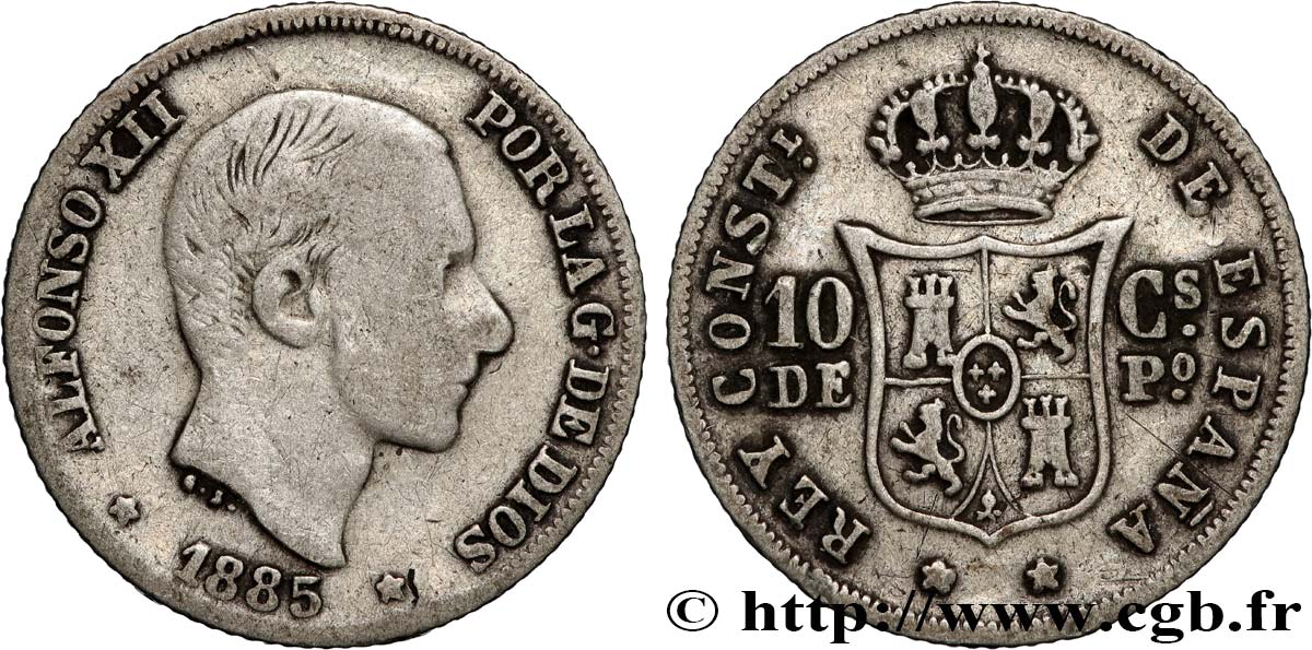 FILIPINAS 10 Centimos de Peso Alphonse XII 1885 Manille BC+ 