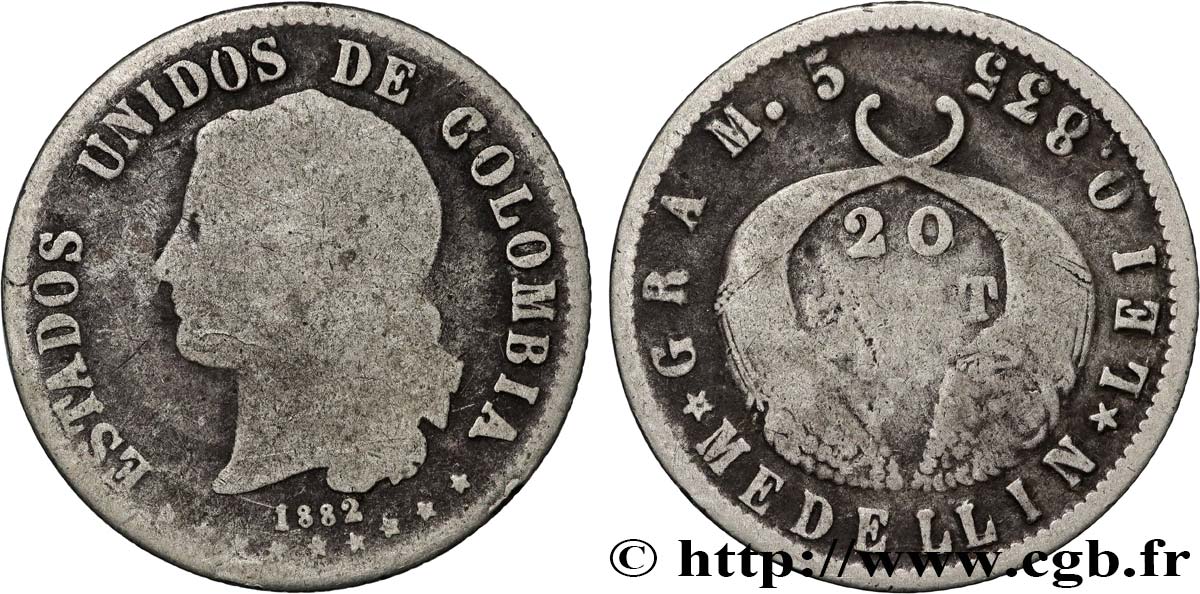 COLOMBIA 20 Centavos 1882 Medellin BC 