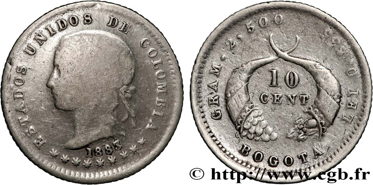 COLOMBIA 10 Centavos tête de la Liberté 1883 Bogota VF 