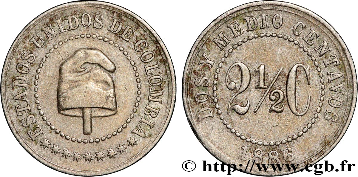 COLOMBIA 2 1/2 Centavos bonnet phrygien 1886 Heaton BB 